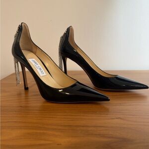 Jimmy Choo Black Patent Heels with Silver Chain Detail